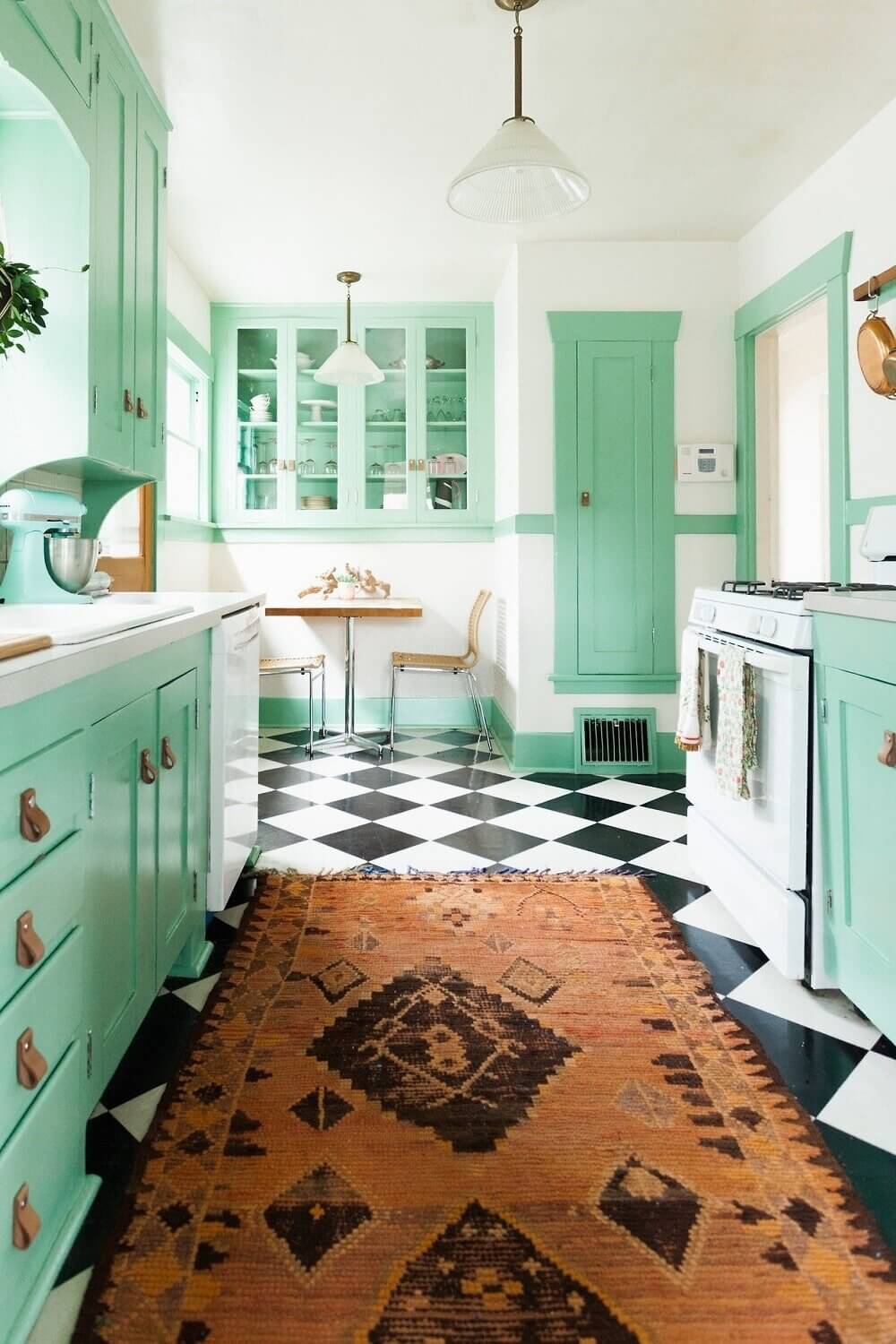 Green Kitchen Design Ideas That You'll Love 29 mint-green-kitchen-checkerboard-floor-nordroom
