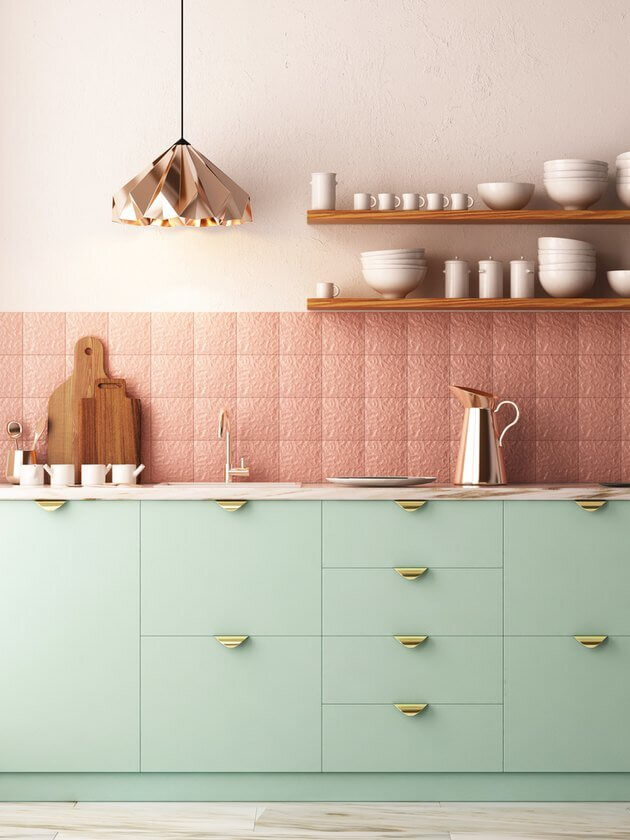 Green Kitchen Design Ideas That You'll Love 25 mint-green-kitchen-cabinets-pink-tiles-nordroom