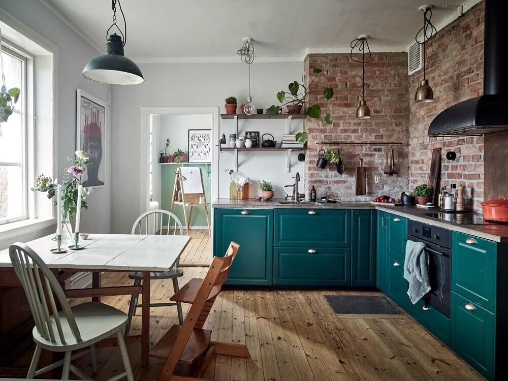 Green Kitchen Design Ideas That You'll Love 18 teal-green-kitchen-exposed-brick-wall-nordroom