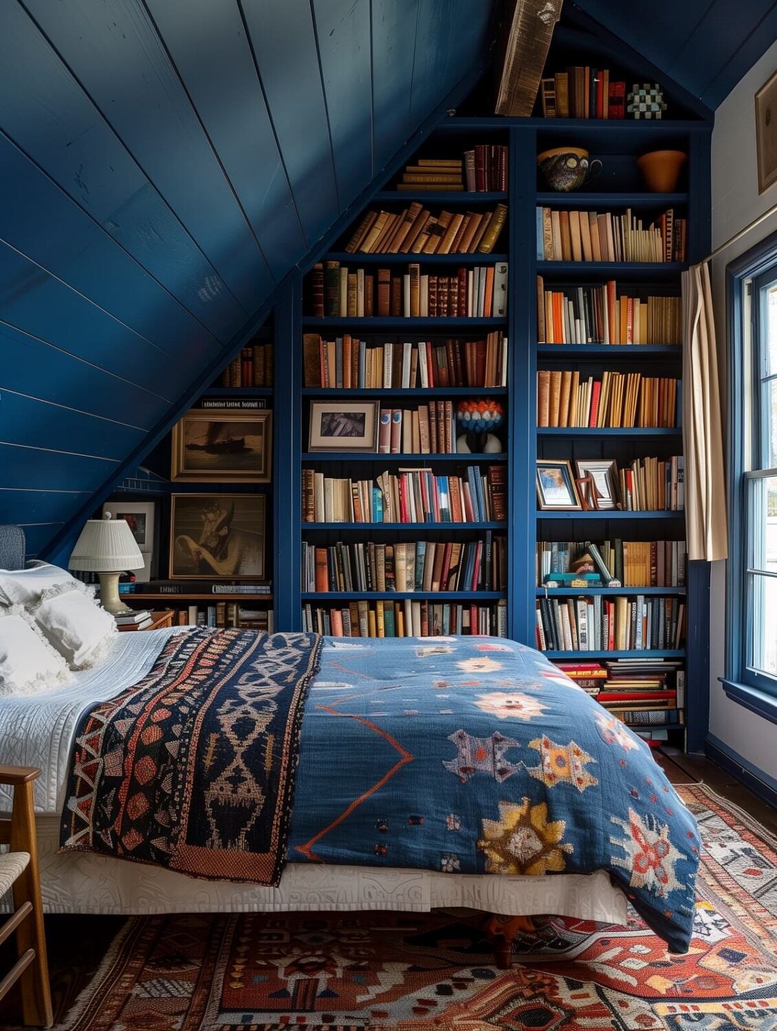 These Paint Colors Increase The Value of Your Home 9 dark blue bedroom with slanted ceiling and bookcases nordroom