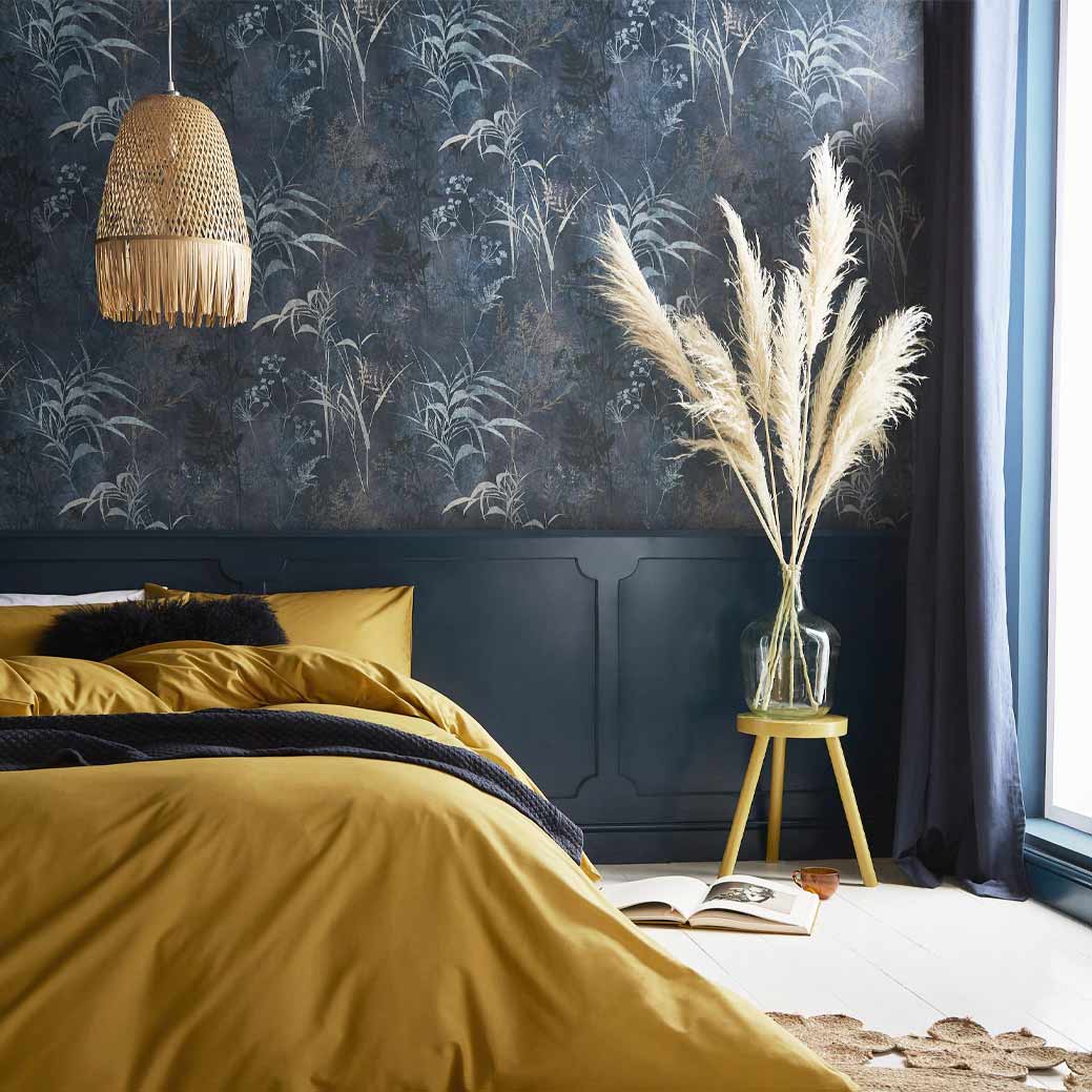Home Decor Color Trends 2022: Natural Hues with Bright Pops 67 graham-brown-wallpaper-of-the-year-2022-restore-midnight-nordroom