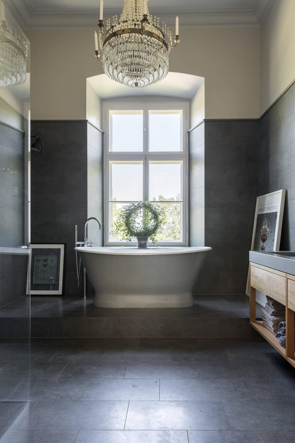 A Stylish Gray Apartment in a Swedish Castle 22 gray-bathroom-freestanding-bath-nordroom