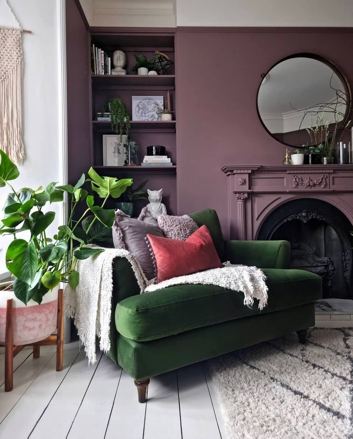 Heather's Colorful Eclectic Home in Scotland 2 green-velvet-armchair-purple-living-room-nordroom