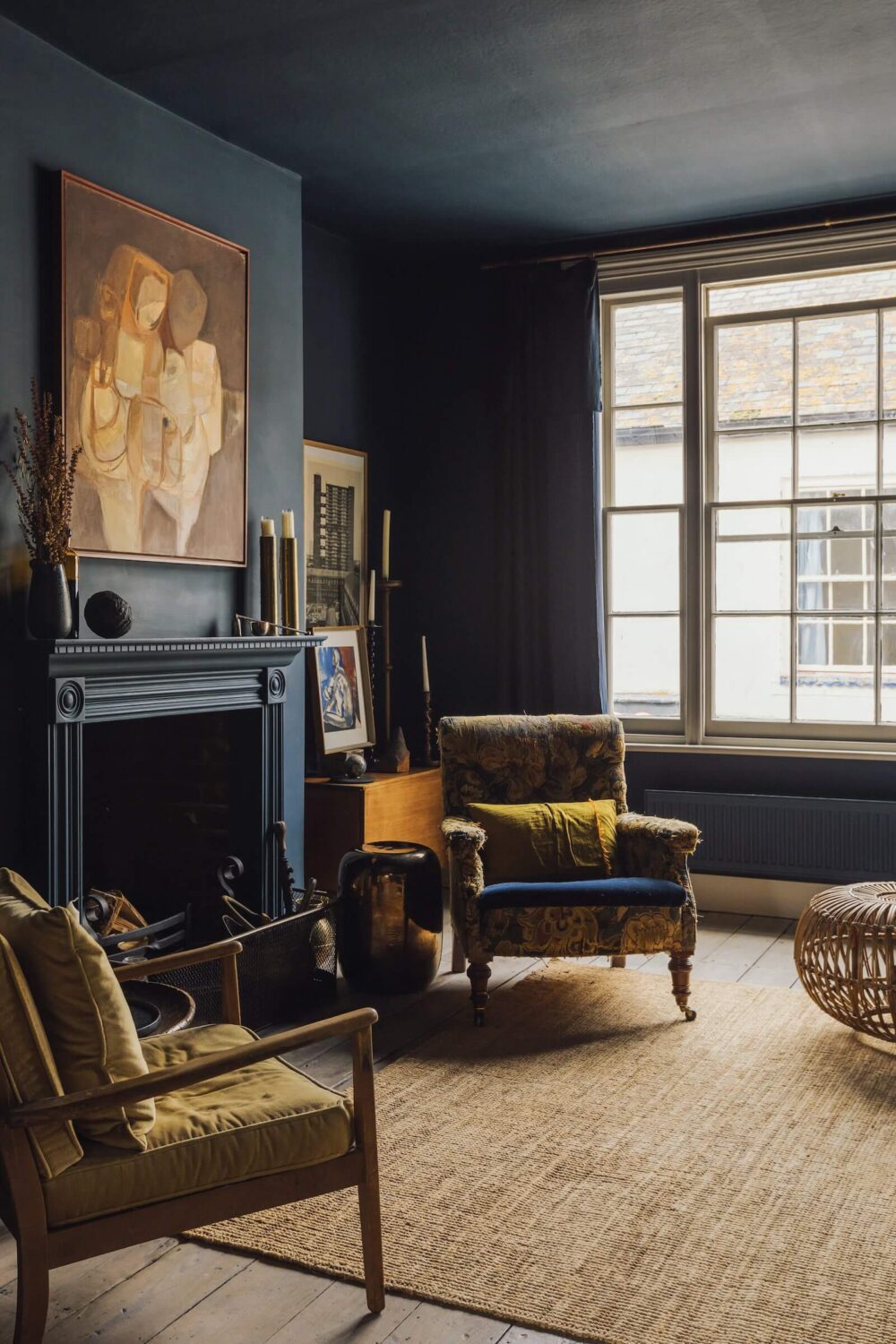 moody blue sitting room historic apartment nordroom Moody Colors in a Unique Historic Apartment