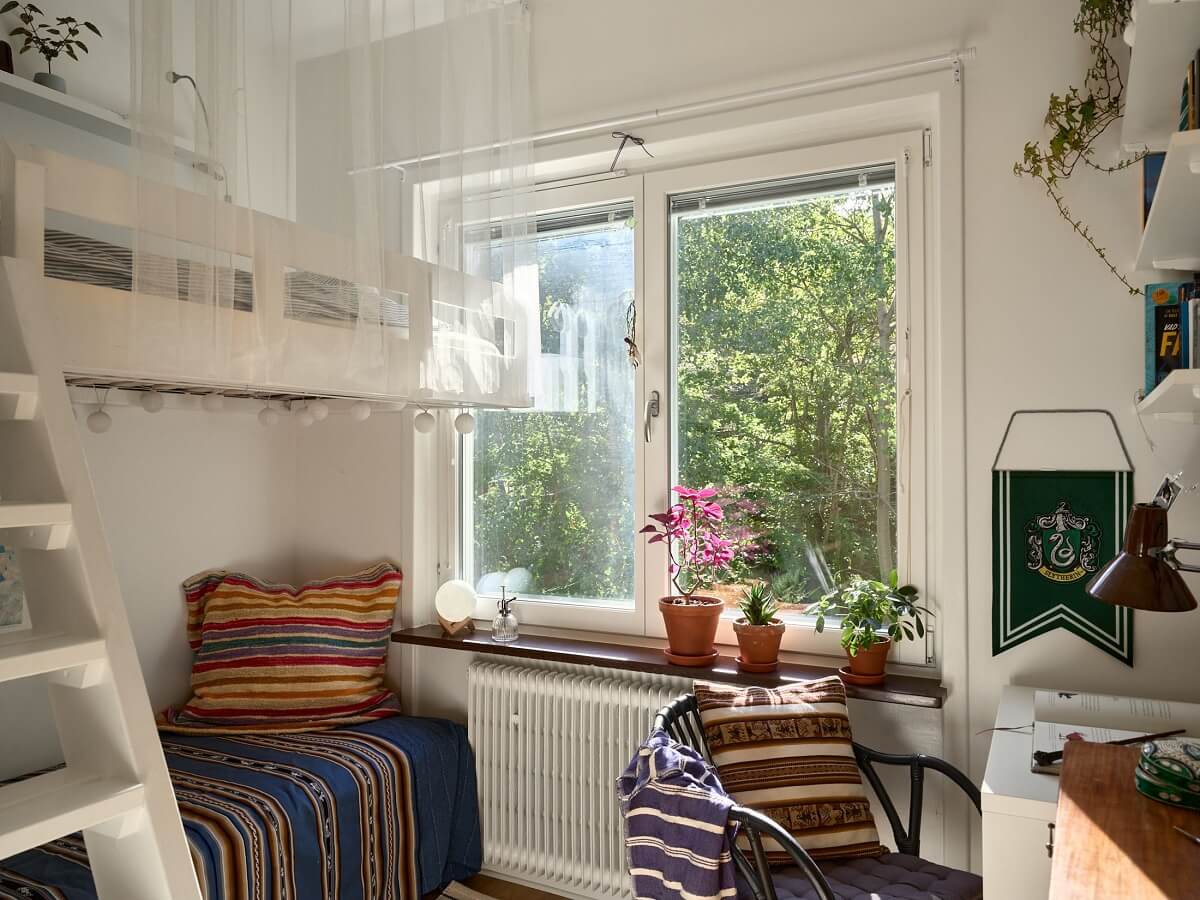 A Natural Scandi Boho Apartment 15 small-bedroom-loft-bed-home-office-nordroom