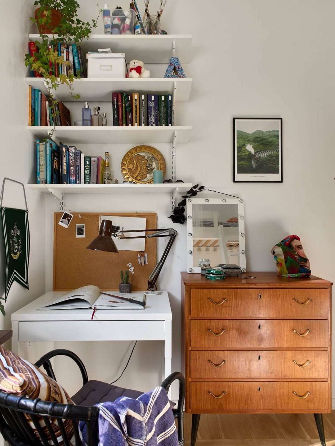 A Natural Scandi Boho Apartment 17 small-bedroom-small-desk-shelves-nordroom