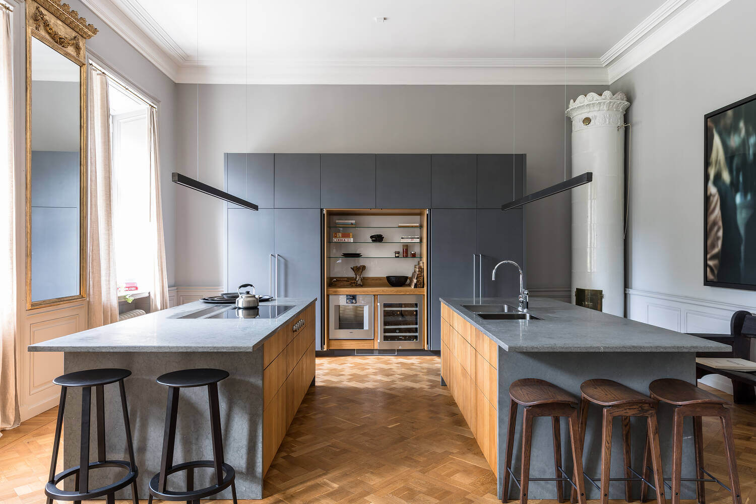 A Stylish Gray Apartment in a Swedish Castle 10 two-kitchen-islands-gray-apartment-sweden-nordroom