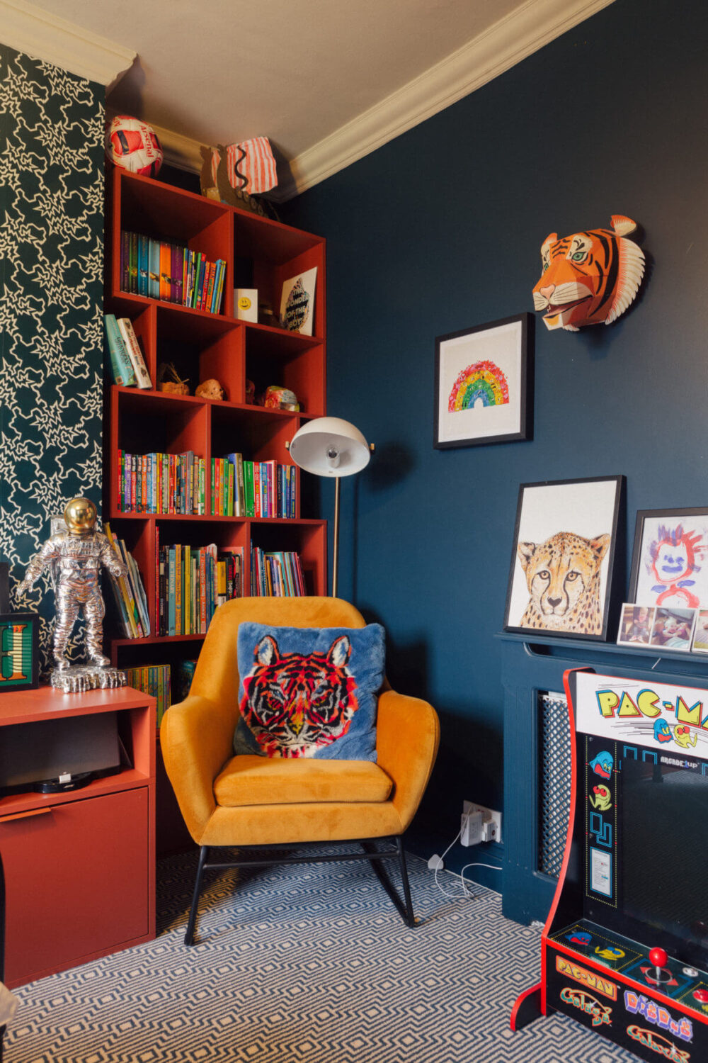 Color in a Renovated Victorian Townhouse in London 26 blue-kids-bedroom-red-bookshelves-nordroom