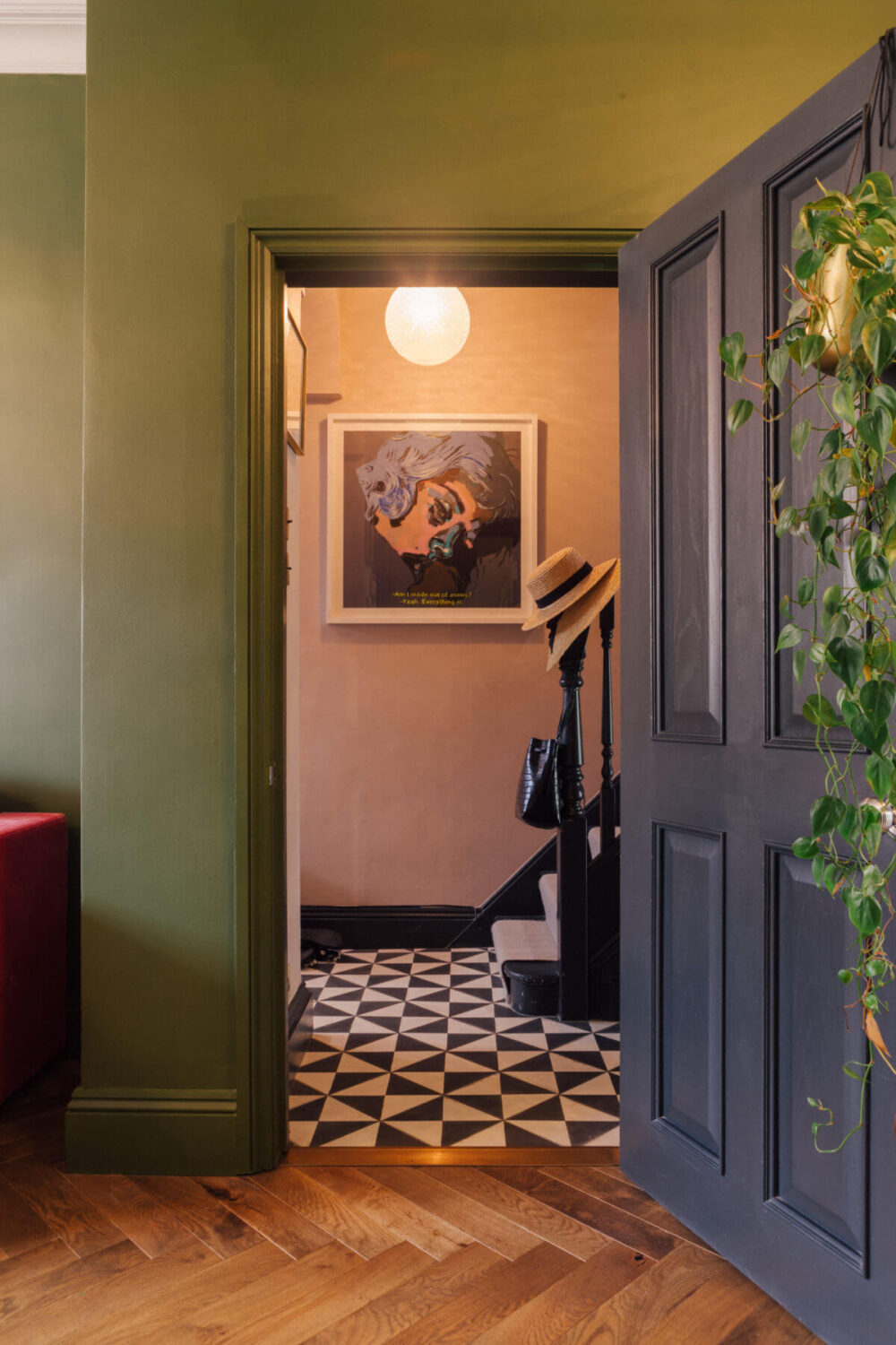 Color in a Renovated Victorian Townhouse in London 16 green-living-room-pink-hallway-nordroom