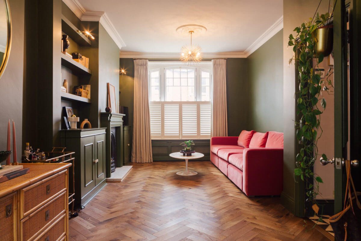 Color in a Renovated Victorian Townhouse in London 12 green-living-room-wooden-floor-victorian-nordroom