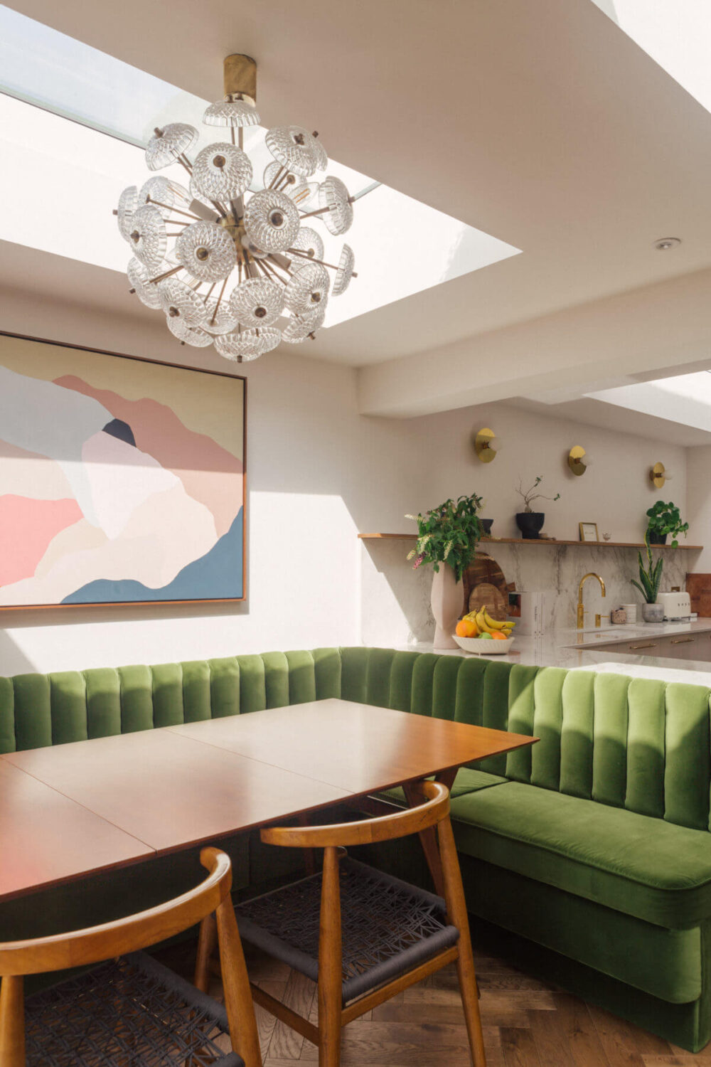 Color in a Renovated Victorian Townhouse in London 2 green-velvet-bench-skylight-victorian-townhouse-nordroom