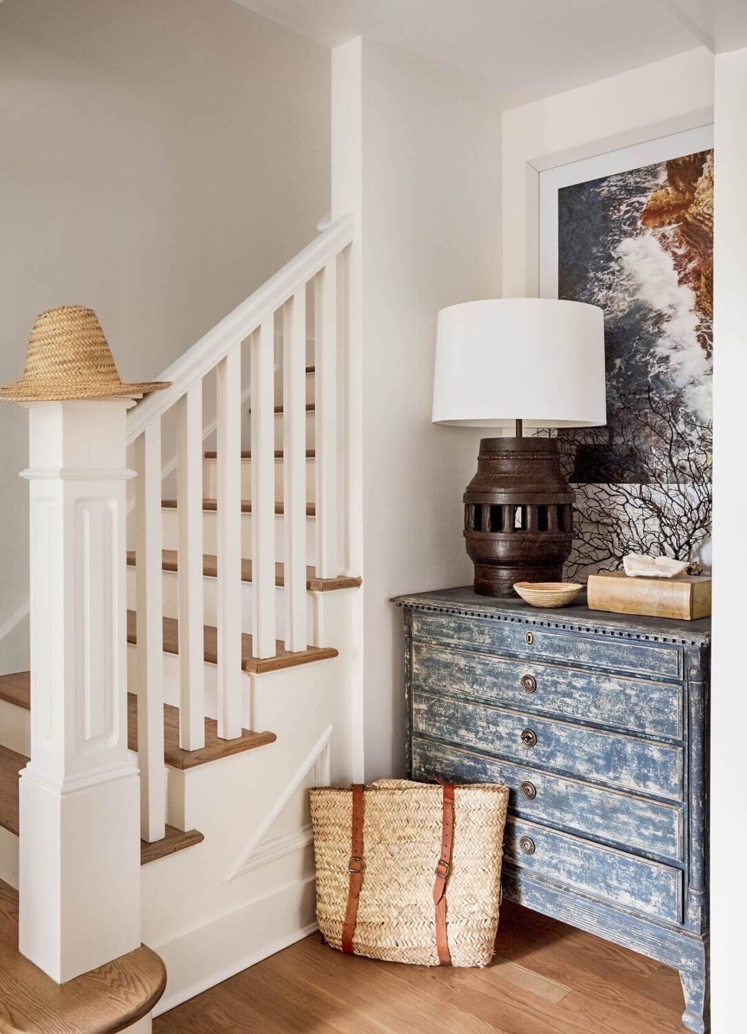 A Serene Surf Retreat in The Hamptons 15 hallway-vintage-drawer-staircase-surf-retreat-becca-interiors-nordroom