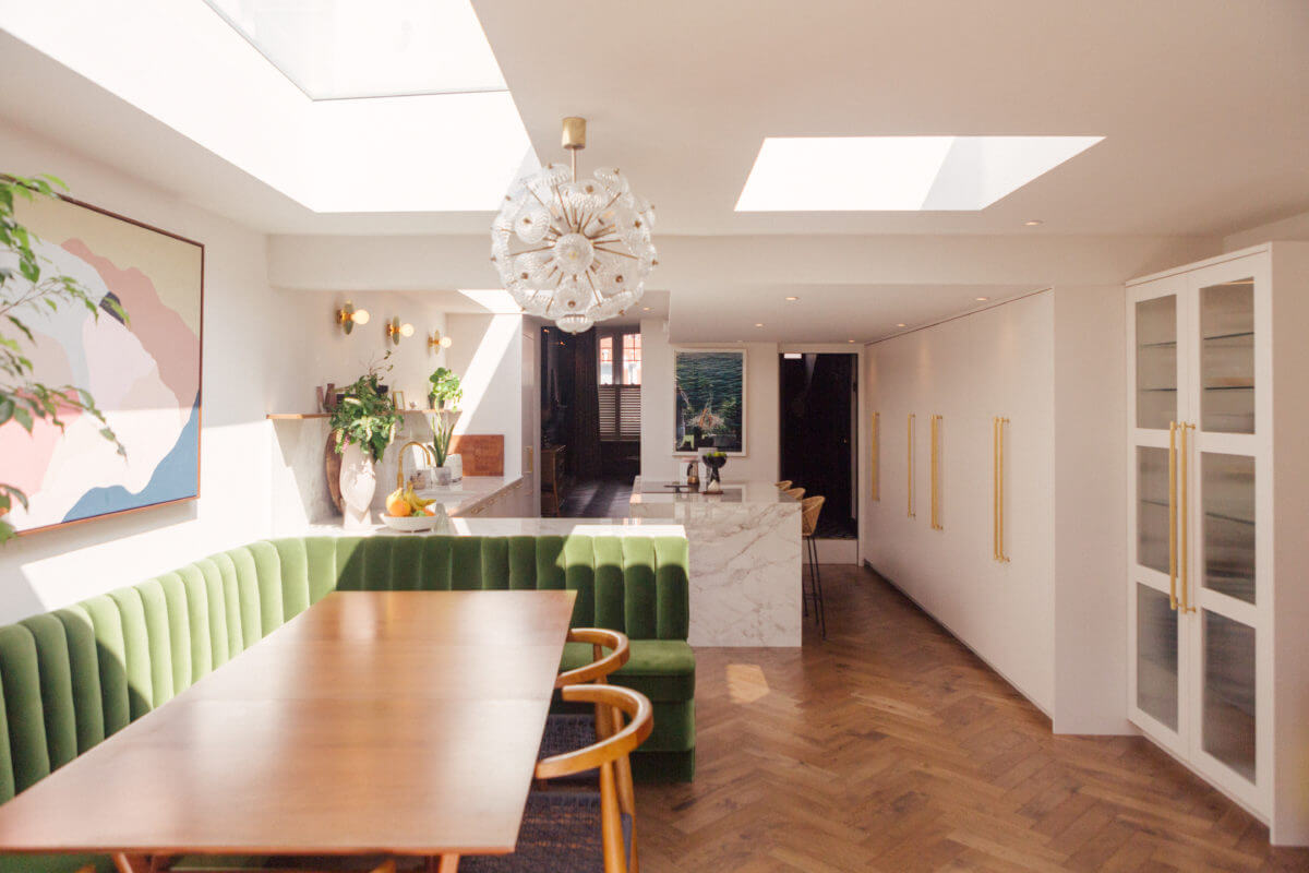 Color in a Renovated Victorian Townhouse in London 1 kitchen-green-breakfast-bench-nordroom