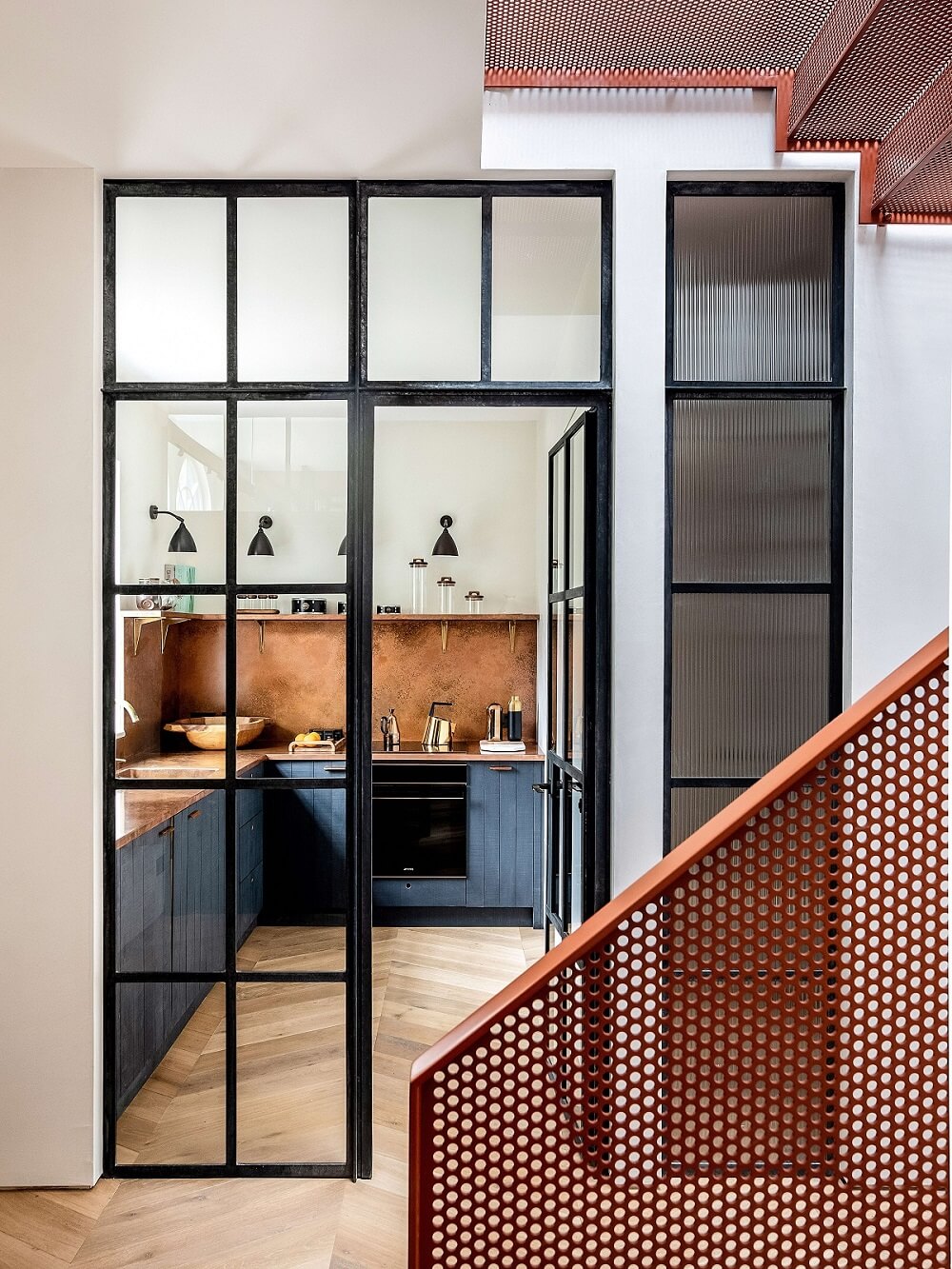A Modern Playful Mews House in London 4 kitchen-steel-glass-door-devol-nordroom