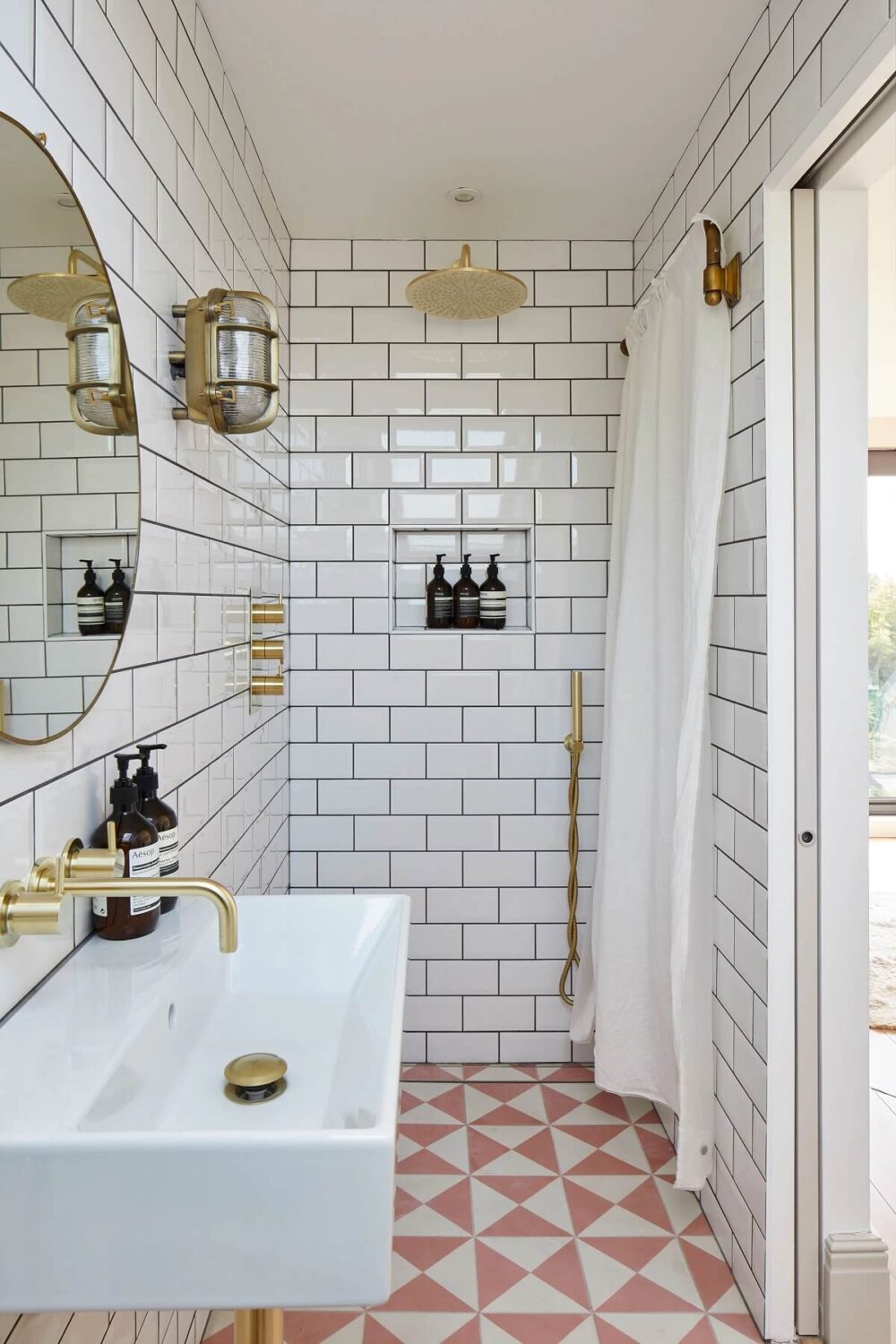 89 Pink Bathroom Ideas: From Hot Pink Walls to Blush Tiles 103 small bathroom pink white floor tiles nordroom 89 Pink Bathroom Ideas: From Hot Pink Walls to Blush Tiles