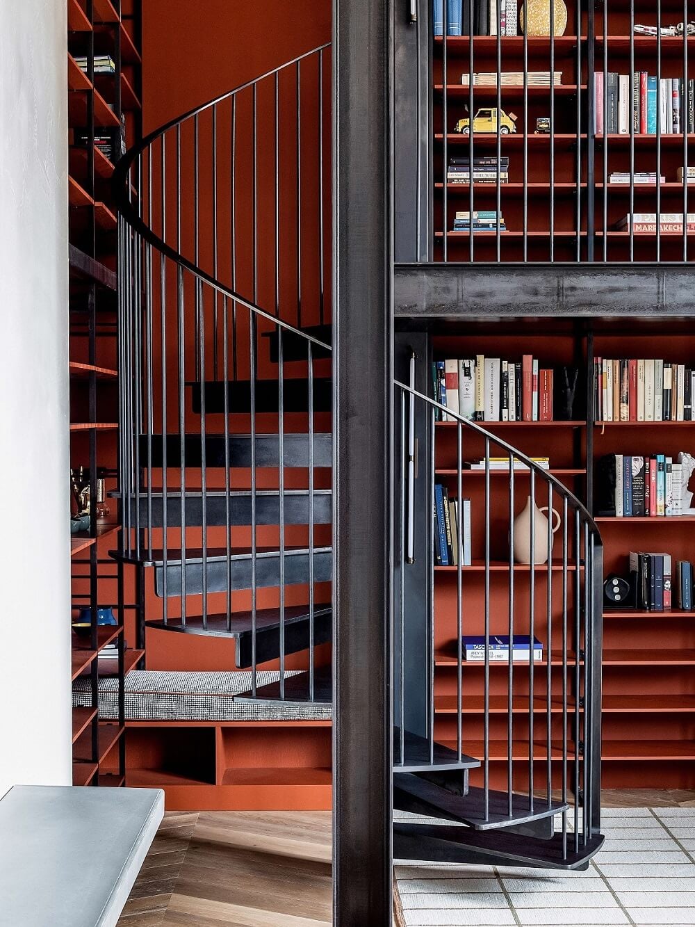 A Modern Playful Mews House in London 3 spiral-stairs-bookshelves-mews-house-nordroom