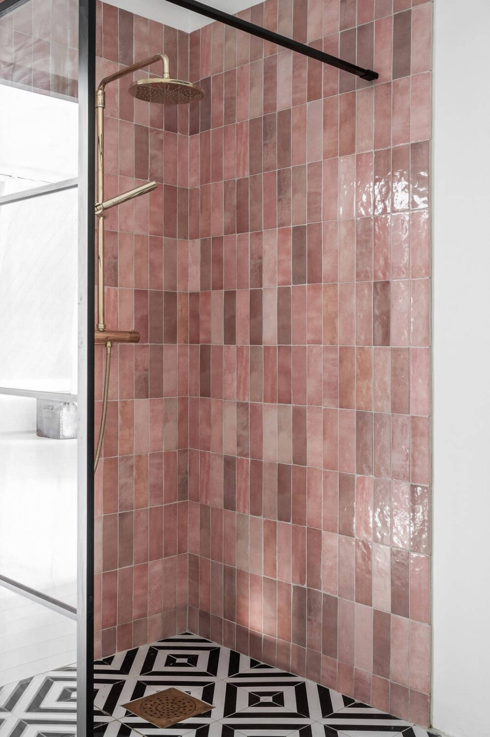 89 Pink Bathroom Ideas: From Hot Pink Walls to Blush Tiles 94 bathroom-pink-wall-tiles-black-white-floor-tiles-nordroom
