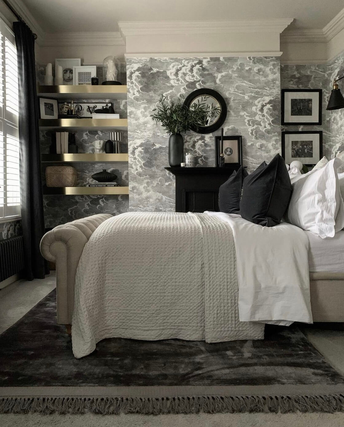 A Moody Edwardian Home in London 12 bedroom-shelves-wallpaper-edwardian-home-nordroom