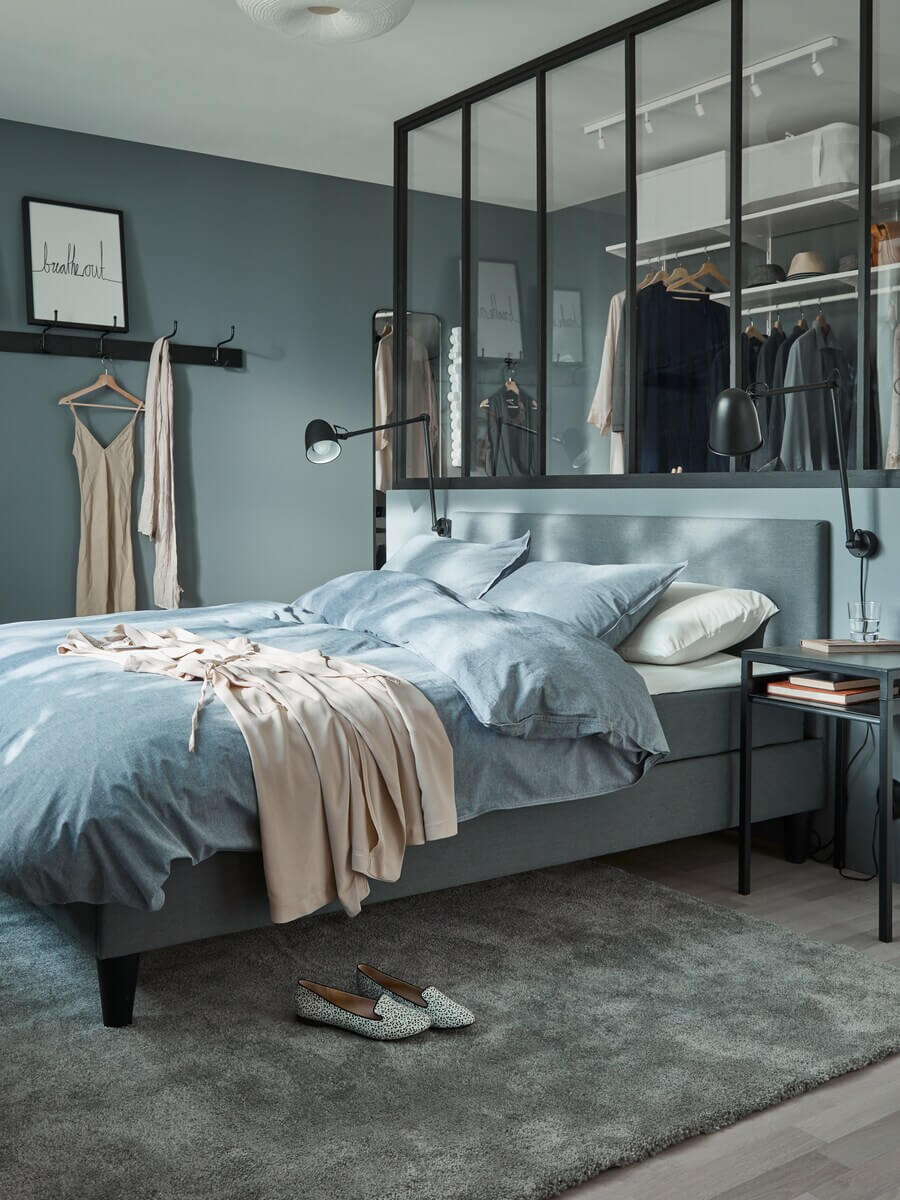 Styling Ideas From 6 New IKEA Bedrooms 12 blue-ikea-bedroom-walk-in-closet-glass-wall-nordroom