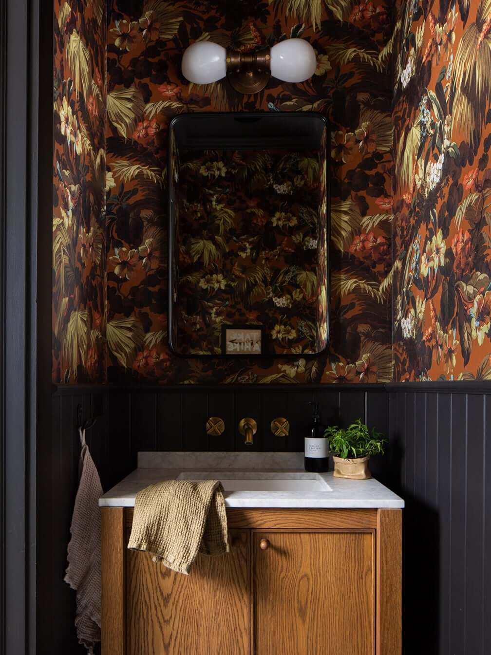 The Fernhouse Airbnb Cabin near Lake Michigan 11 dramatic-moody-powder-room-wallpaper-airbnb-cabin-lake-michigan-nordroom