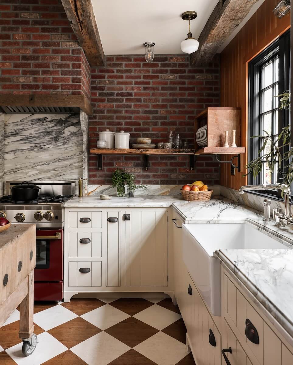English Country Style in a San Francisco Home 2 farmhouse-style-kitchen-exposed-brick-checkerboard-floor-nordroom