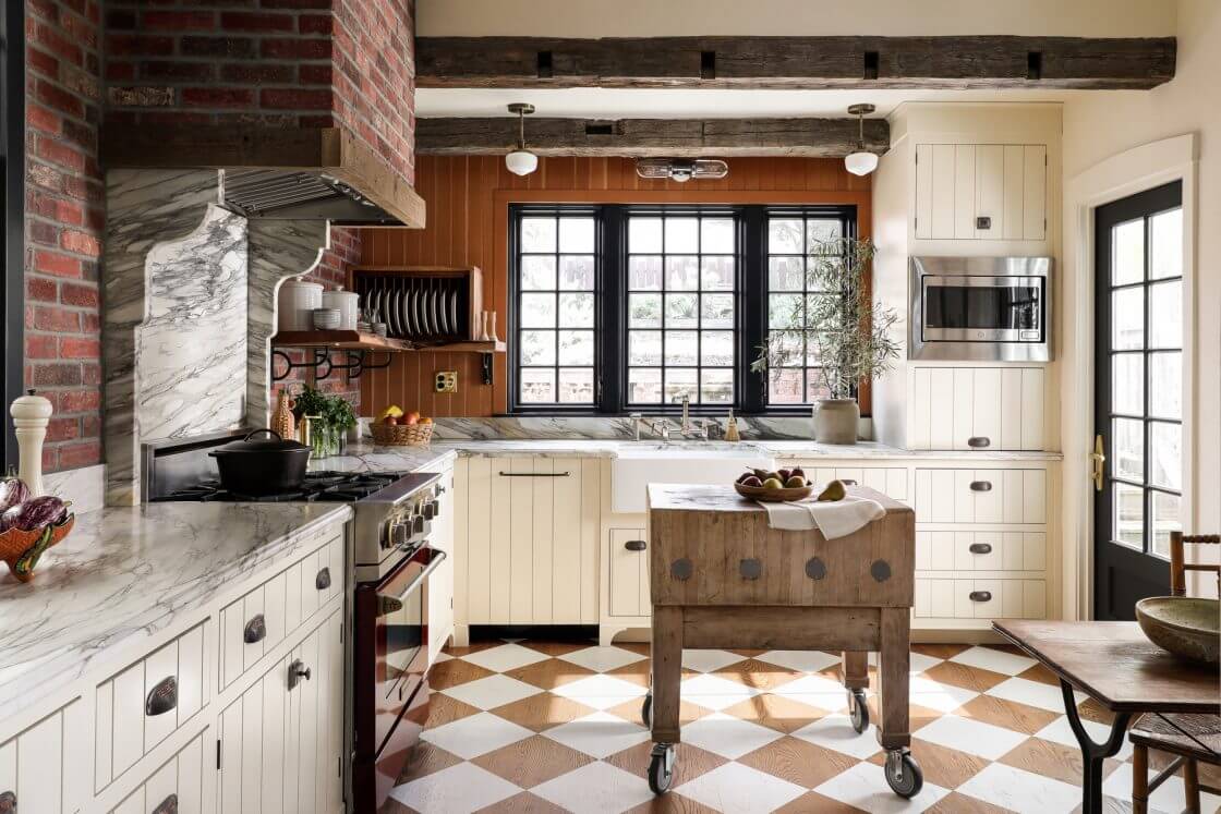 English Country Style in a San Francisco Home 1 farmhouse-style-kitchen-exposed-brick-wooden-beams-checkerboard-floor-nordroom