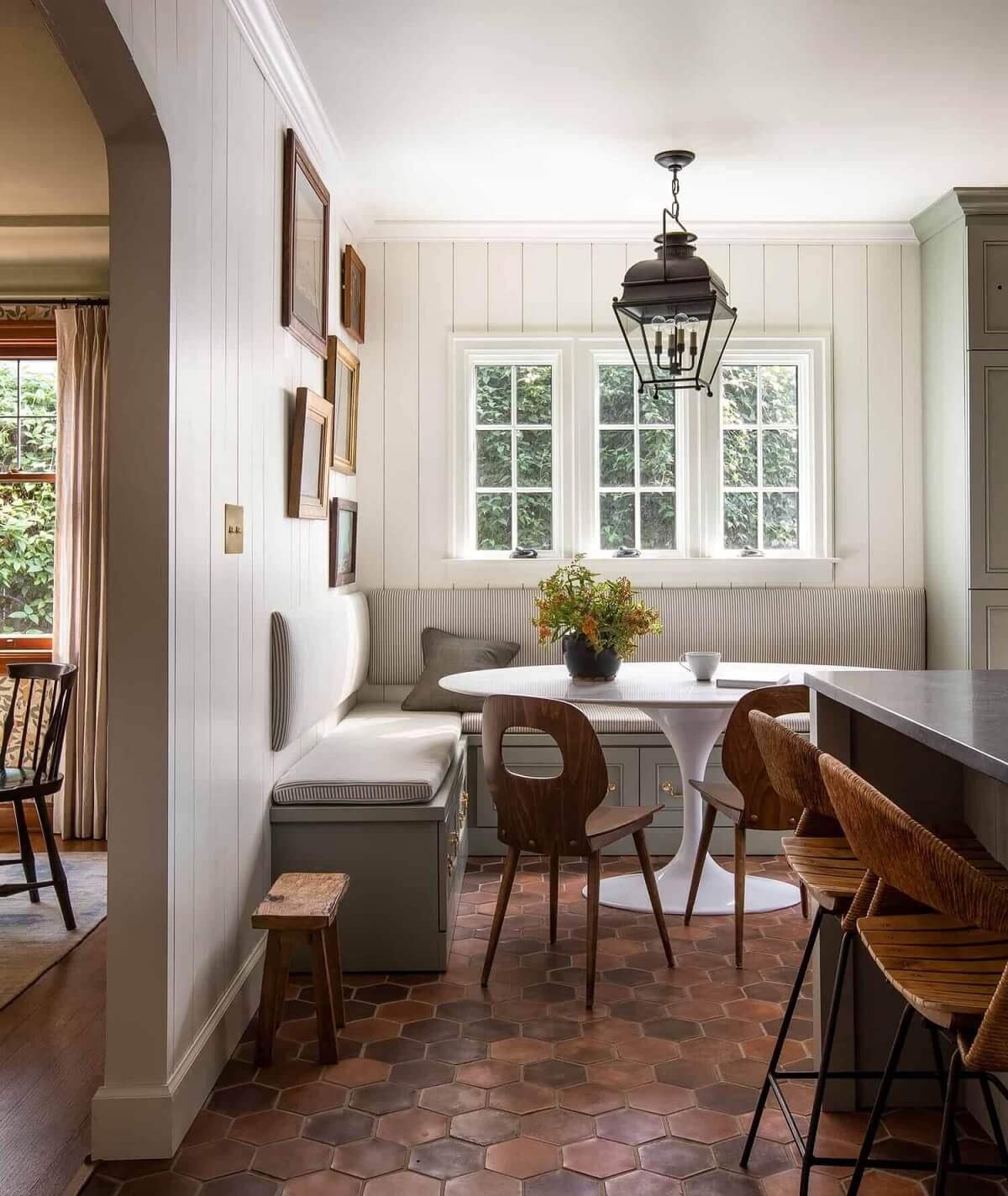How To Style Terracotta Floor Tiles 25 green-kitchen-breakfast-nook-hexagon-terracotta-floor-nordroom