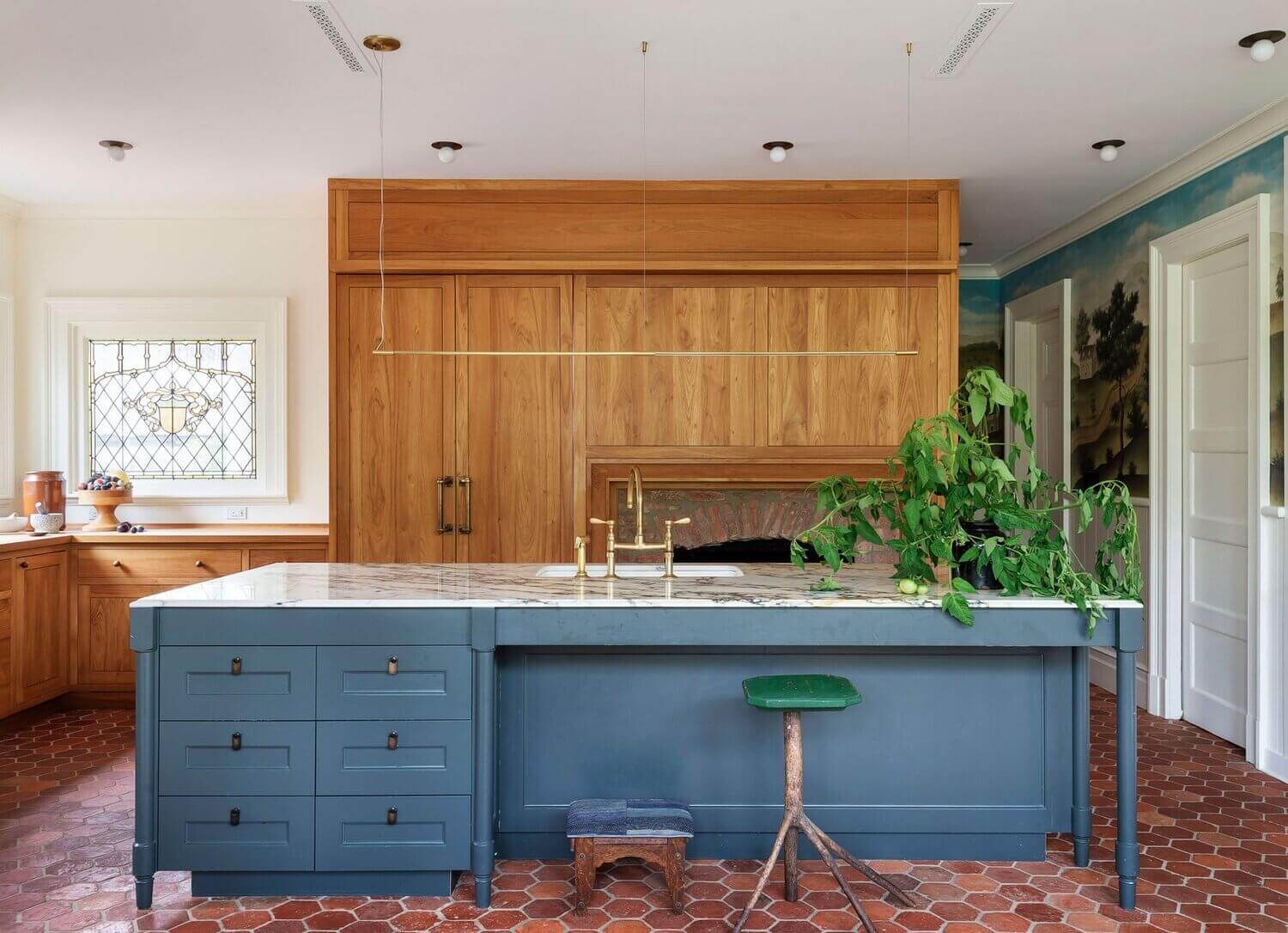 How To Style Terracotta Floor Tiles 7 hexagon-terracotta-floor-tiles-kitchen-blue-kitchen-island-nordroom