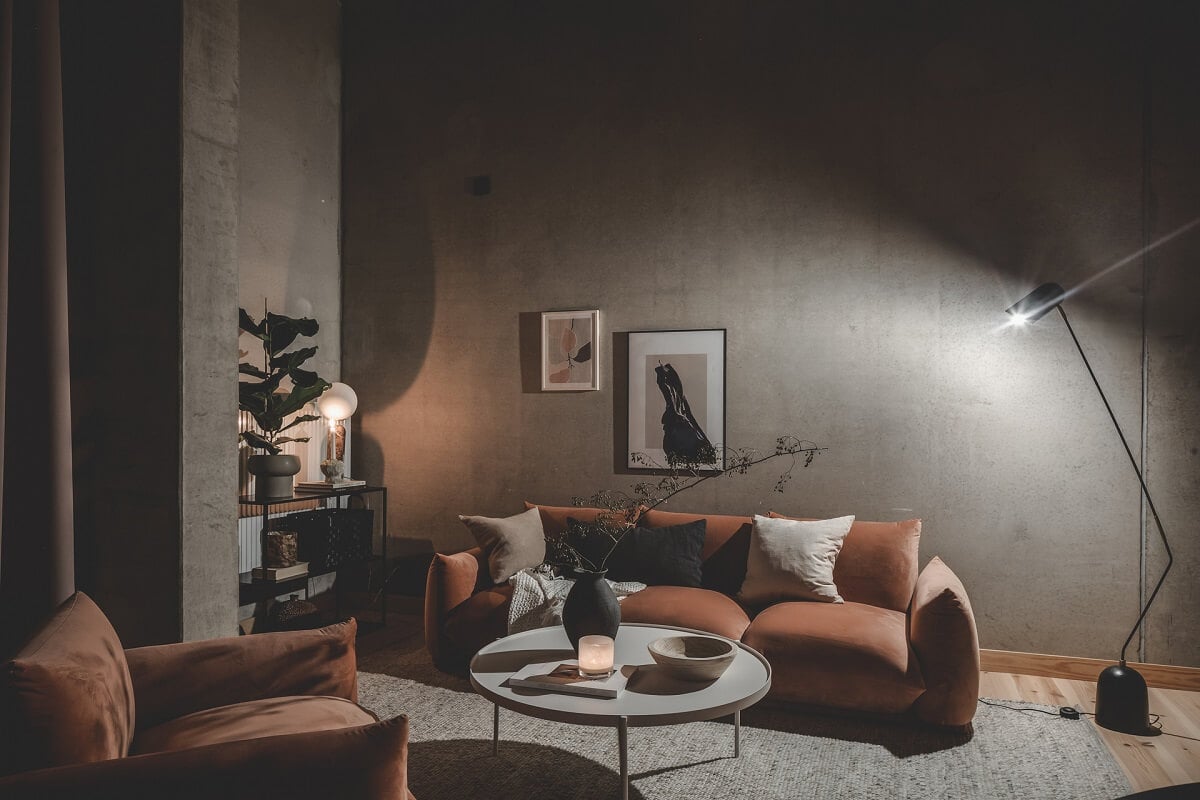A Scandinavian Loft Made of Concrete and Wood 4 loft-living-room-night-concrete-nordroom