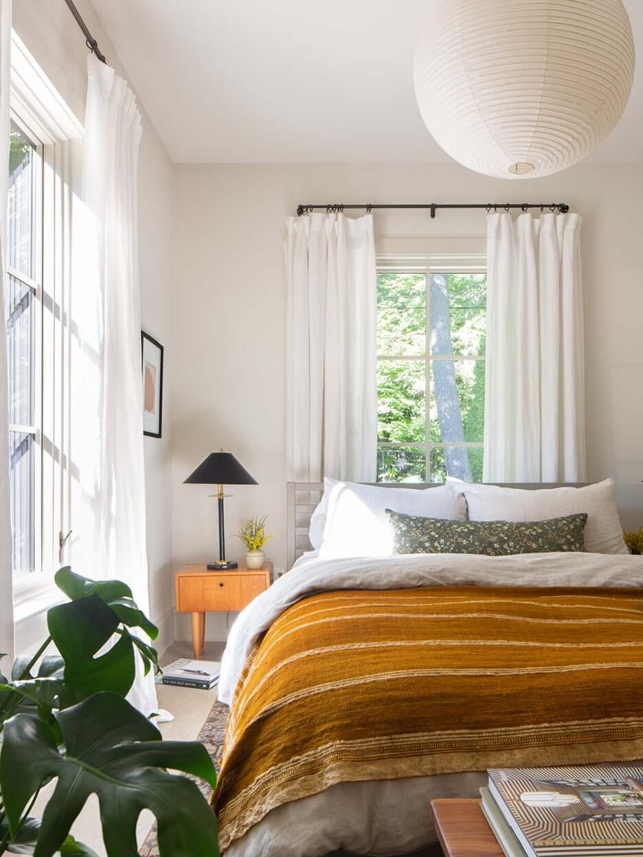 The Fernhouse Airbnb Cabin near Lake Michigan 12 master-bedroom-yellow-bedspread-airbnb-cabin-nordroom