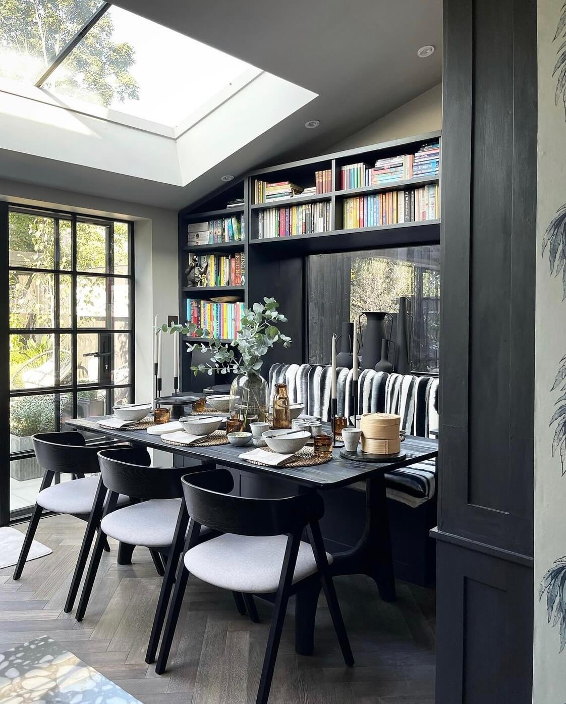 A Moody Edwardian Home in London 6 moody-dining-room-skylight-bookshelves-nordroom