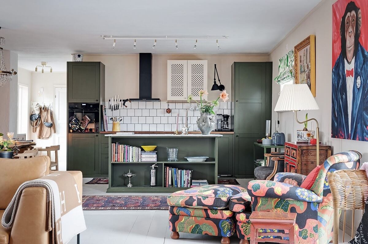 The Colorful Home of Artist Bobo Wallmansson 17 open-plan-kitchen-living-green-kitchen-nordroom