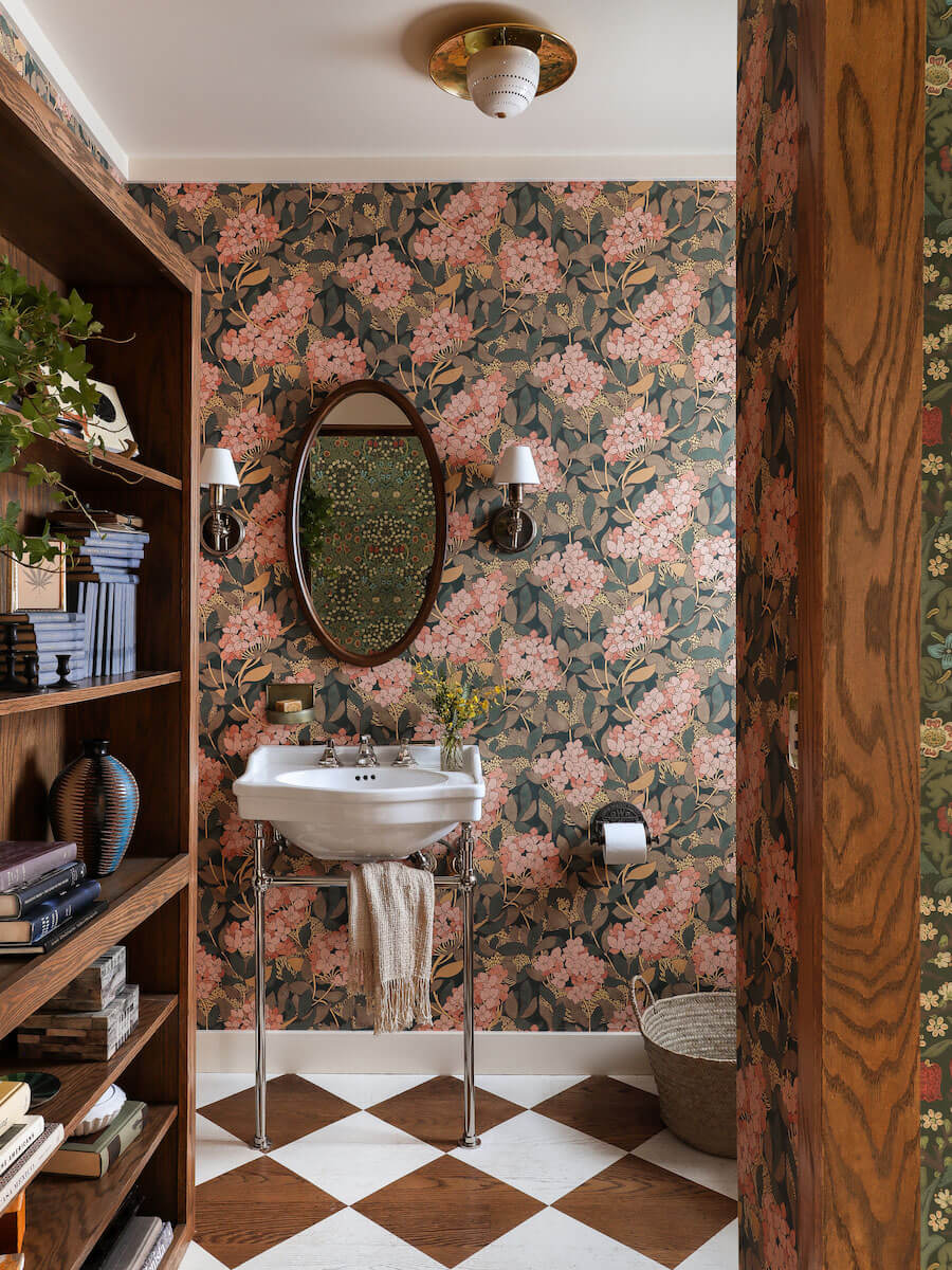 89 Pink Bathroom Ideas: From Hot Pink Walls to Blush Tiles 40 powder-room-pink-wallpaper-wooden-beams-nordroom