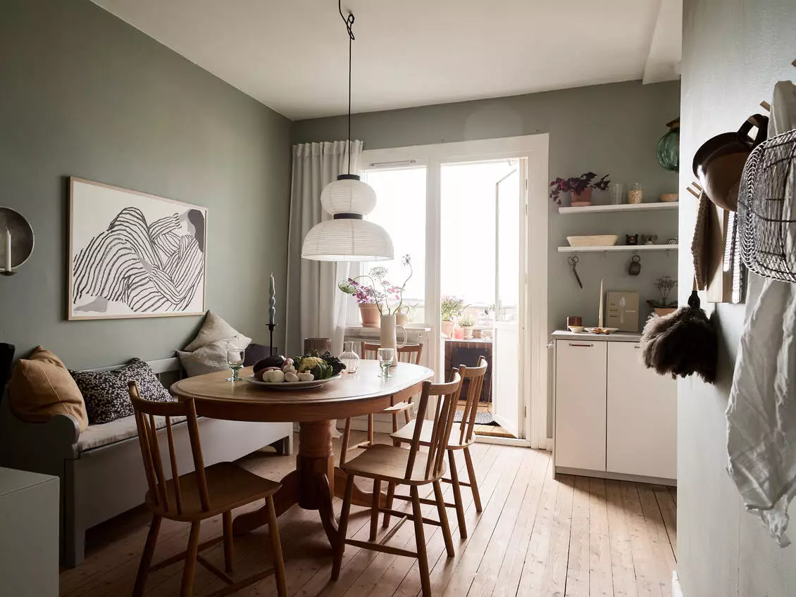 A Scandinavian Studio Apartment with Bed Nook 7 scandinavian-kitchen-bench-green-walls-nordroom