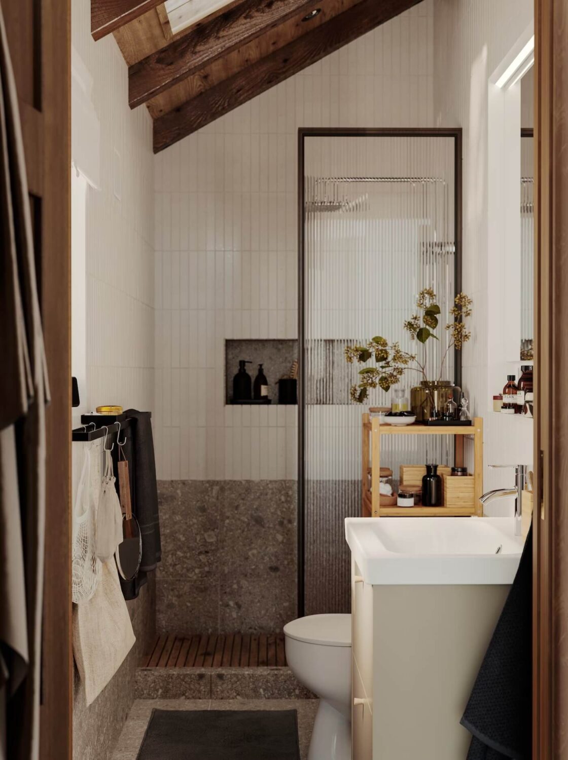 Best of 2024: Bathrooms 1 small bathroom slanted wooden ceiling ribbed glass shower glass storage niches nordroom
