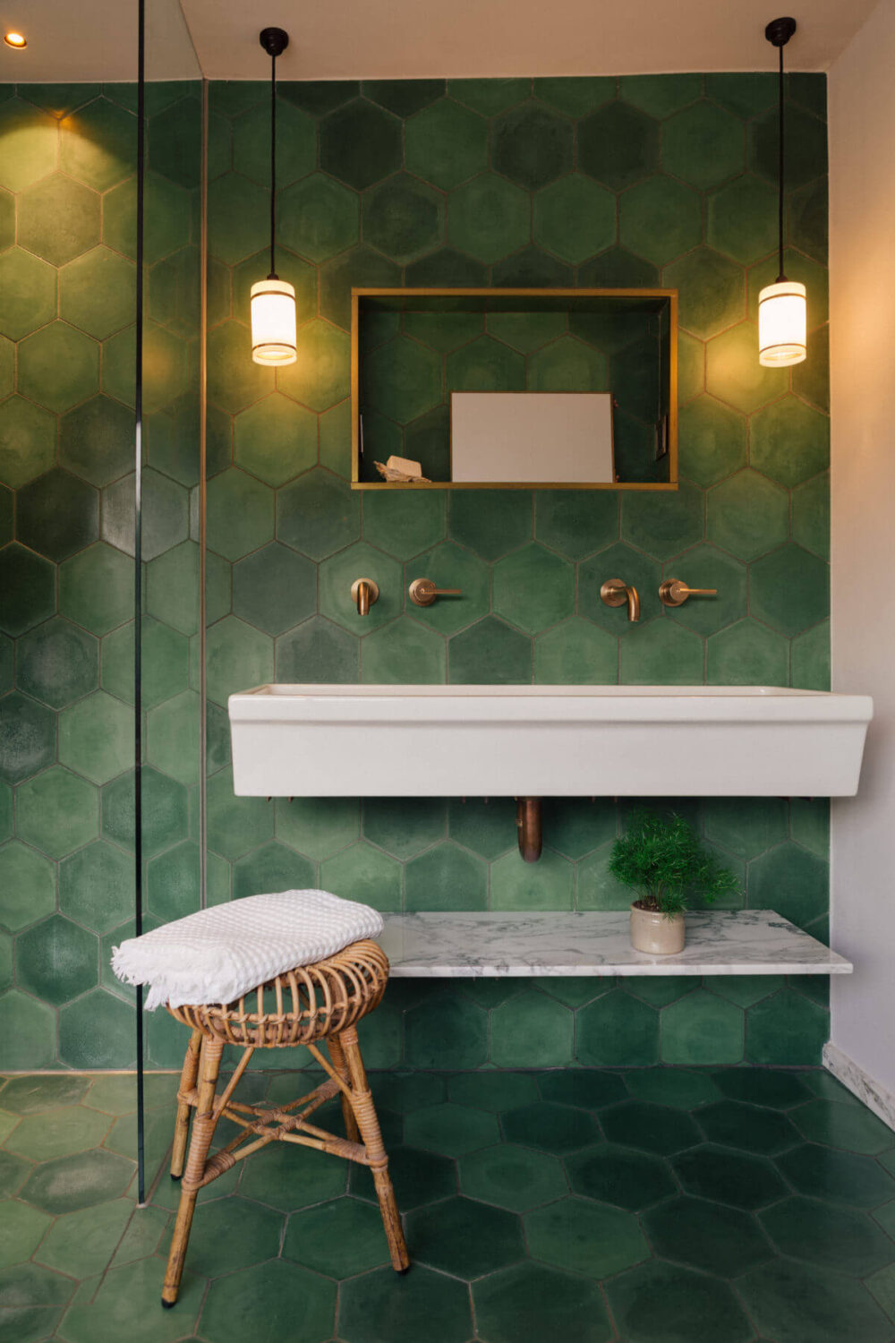 83 Small Bathroom Ideas & How To Make It Look Bigger 13 small-green-bathroom-hexagon-tiles-nordroom