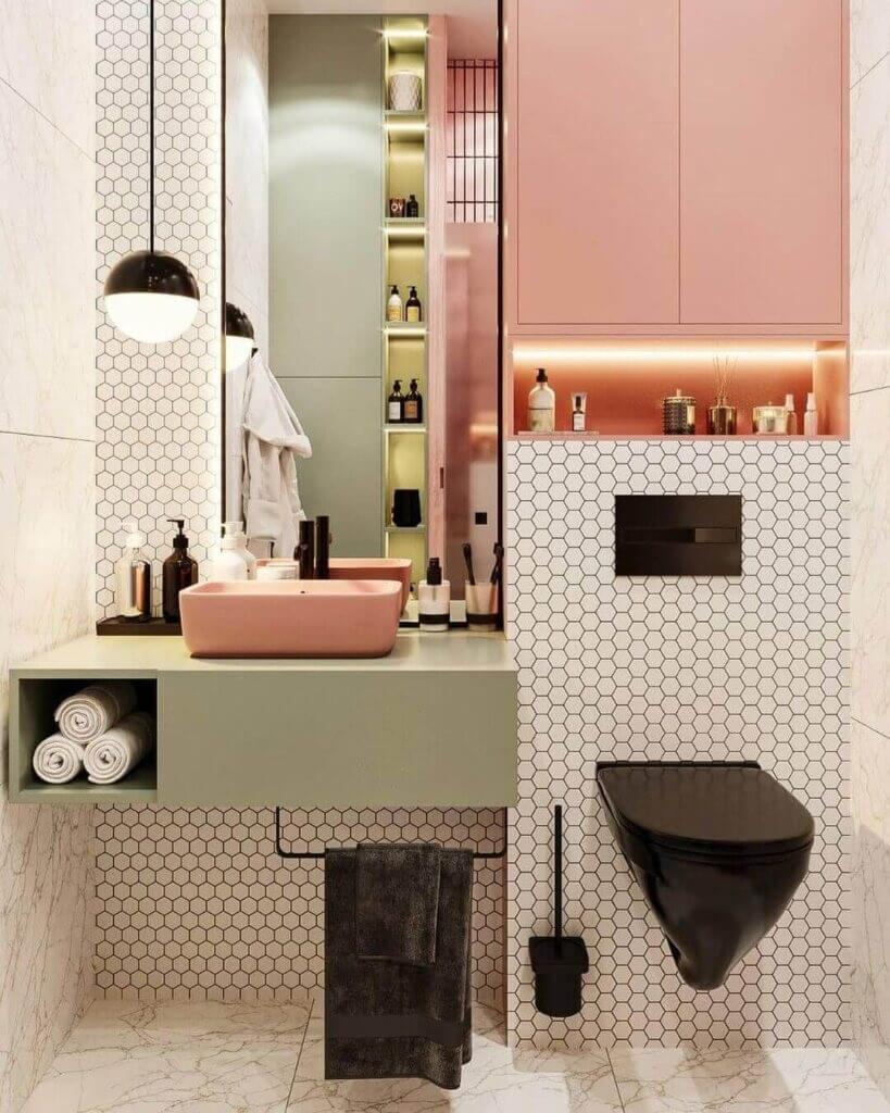 89 Pink Bathroom Ideas: From Hot Pink Walls to Blush Tiles 105 tiny-colorful-bathroom-storage-above-toilet-nordroom