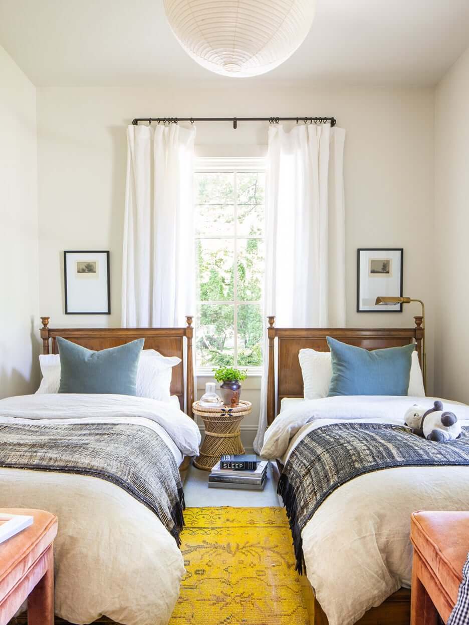 Beautiful Dorm Room Decorating Ideas 30 twin-beds-bedroom-yellow-rug-airbnb-cabin-nordroom