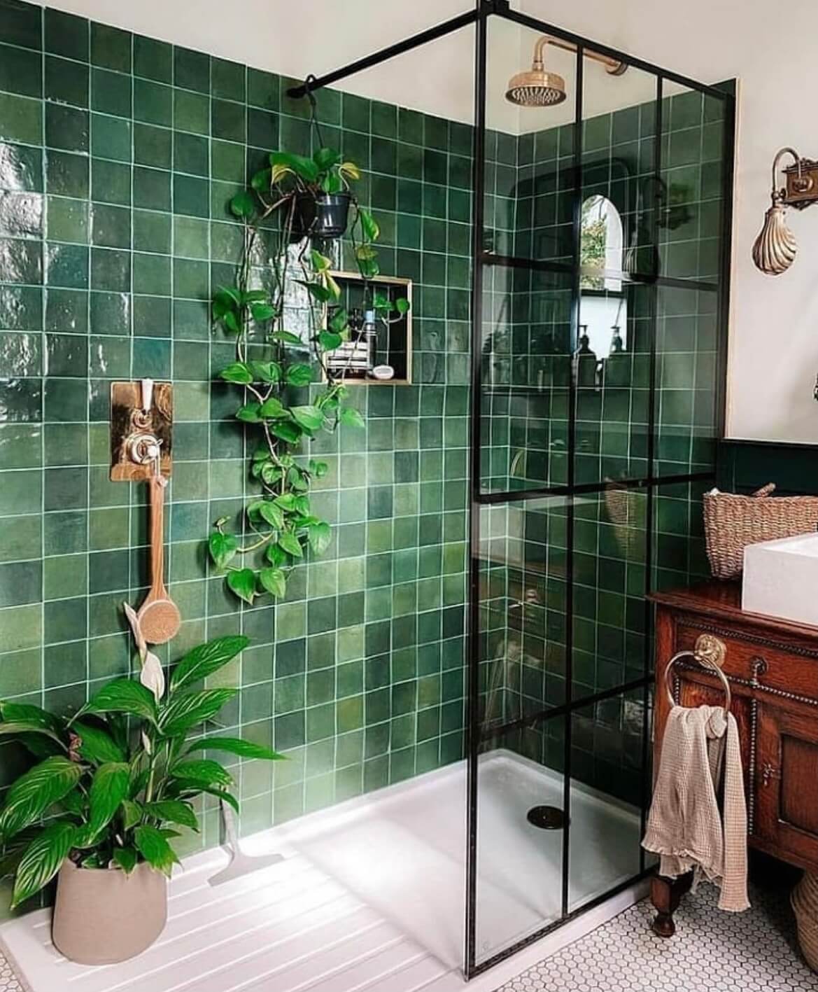 83 Small Bathroom Ideas & How To Make It Look Bigger 16 walk-in-shower-green-tiles-industrial-glass-wall-nordroom