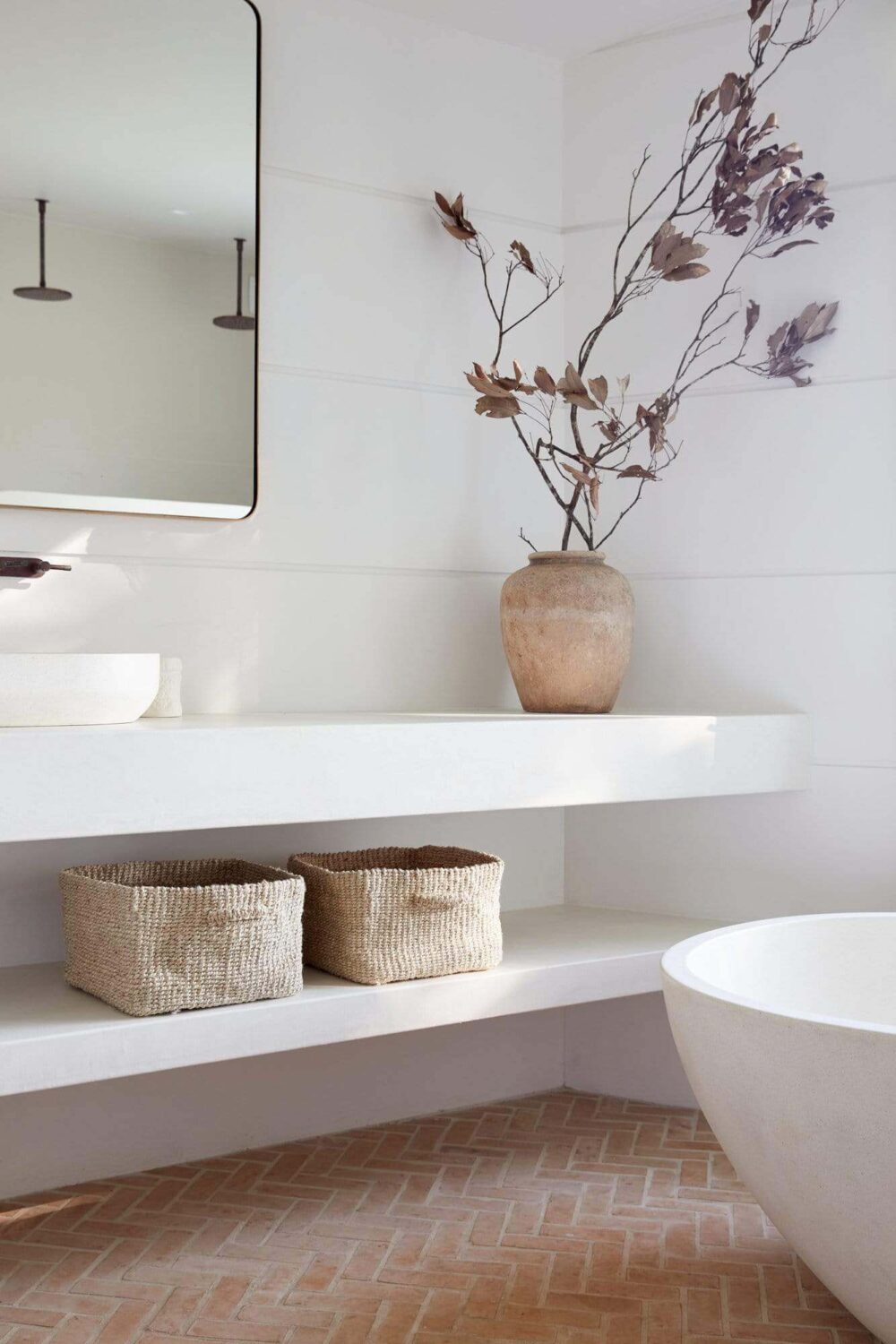 How To Style Terracotta Floor Tiles 33 white-bathroom-shelves-minimalistic-terracotta-tiles-nordroom