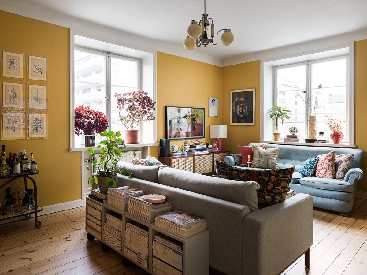 These Colorful Scandinavian Interiors Will Wow You 10 yellow-living-room-blue-vintage-sofa-nordroom