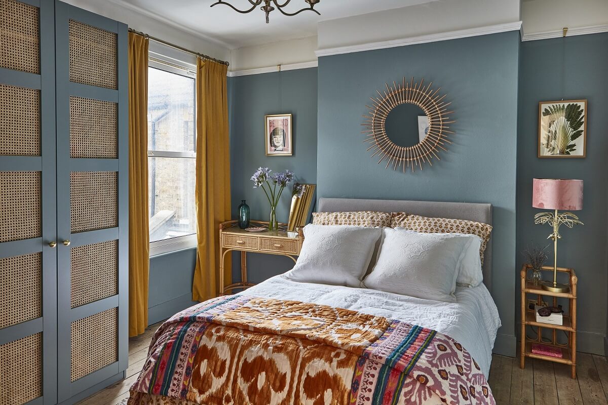 A Colorful 70s Inspired Home in London 21 blue-bedroom-built-in-wardrobes-70s-inspired-home-nordroom