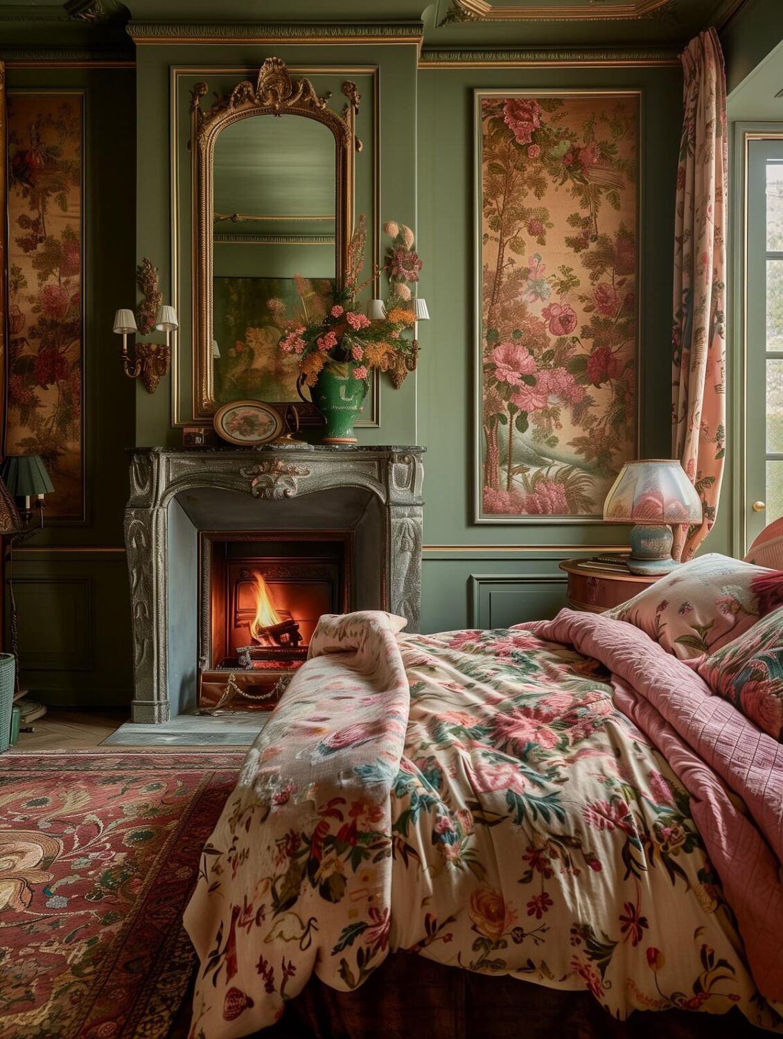 How To Style Your Home Like A Parisian Apartment 29 colorful floral parisian bedroom with fireplace and mirror nordroom