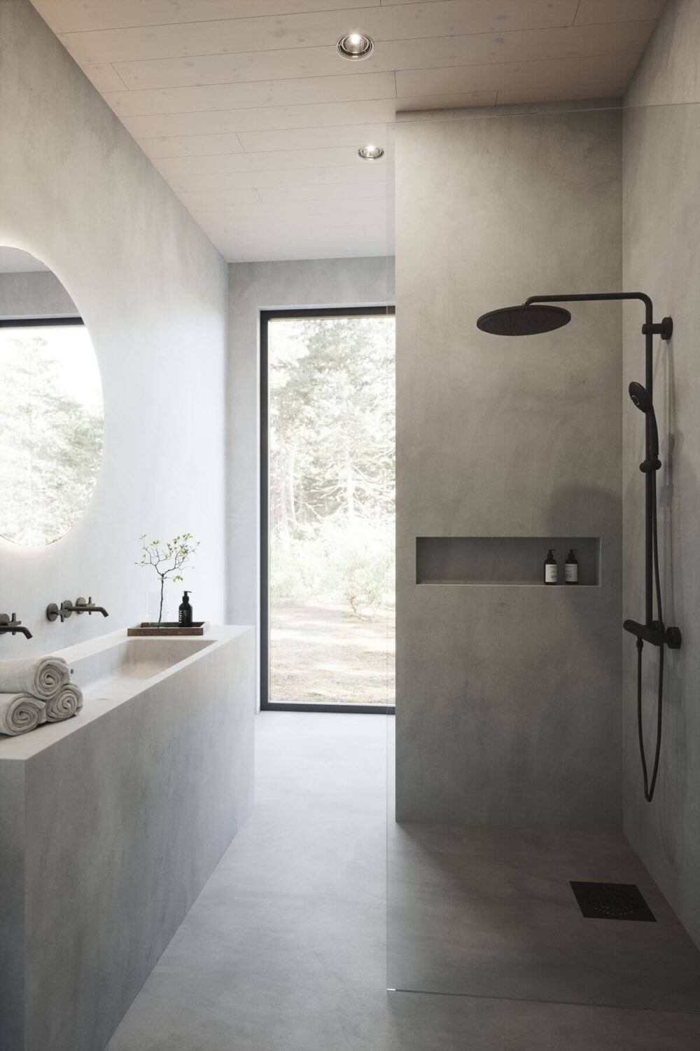 Interior Design Trends 2022: Styles, Decor and Color 12 concrete-bathroom-minimalistic-large-window-interior-trends-2022-nordroom