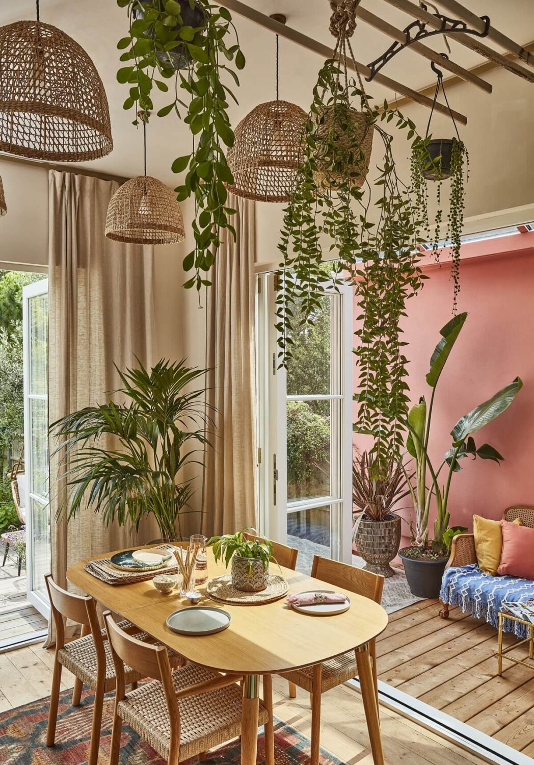 A Colorful 70s Inspired Home in London 7 dining-room-hanging-plants-terracotta-nordroom