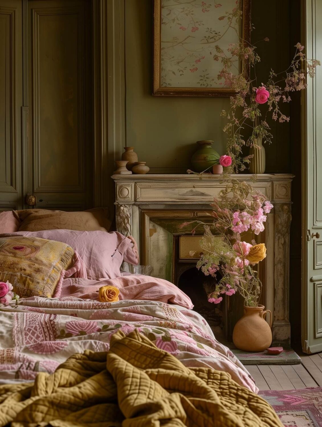 How To Style Your Home Like A Parisian Apartment 7 floral vintage parisian bedroom with wooden fireplace nordroom