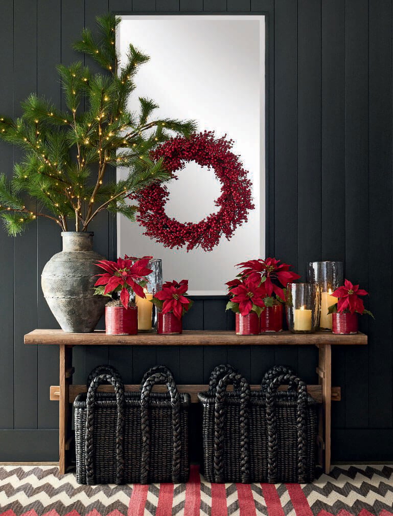 A Modern Rustic Home Decorated for Christmas 8 hallway red christmas decor nordroom A Modern Rustic Home Decorated for Christmas