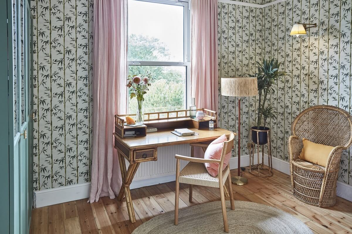 A Colorful 70s Inspired Home in London 23 kids-bedroom-green-wallpaper-desk-built-in-wardrobes-nordroom