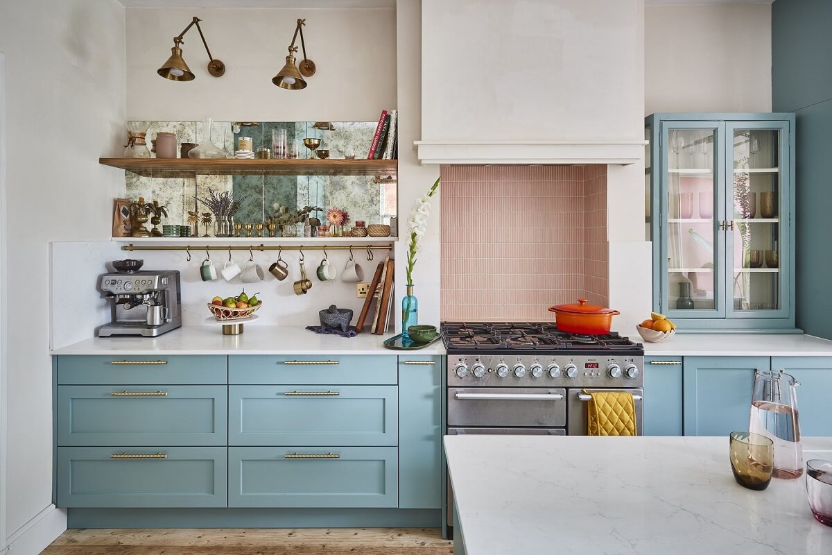 A Colorful 70s Inspired Home in London 3 light-blue-kitchen-cabinets-open-shelves-nordroom