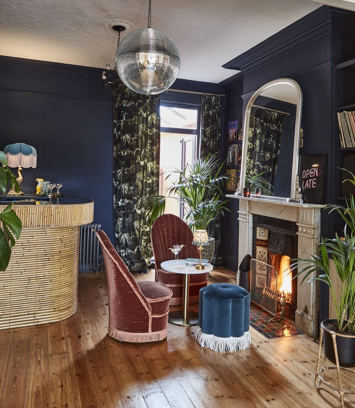 A Colorful 70s Inspired Home in London 15 moody-blue-home-bar-70s-inspiredhome-nordroom